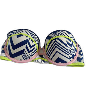 Victoria; Secret VS The Flirt Bandeau Bikini Top Blue White Geometric Size 34D